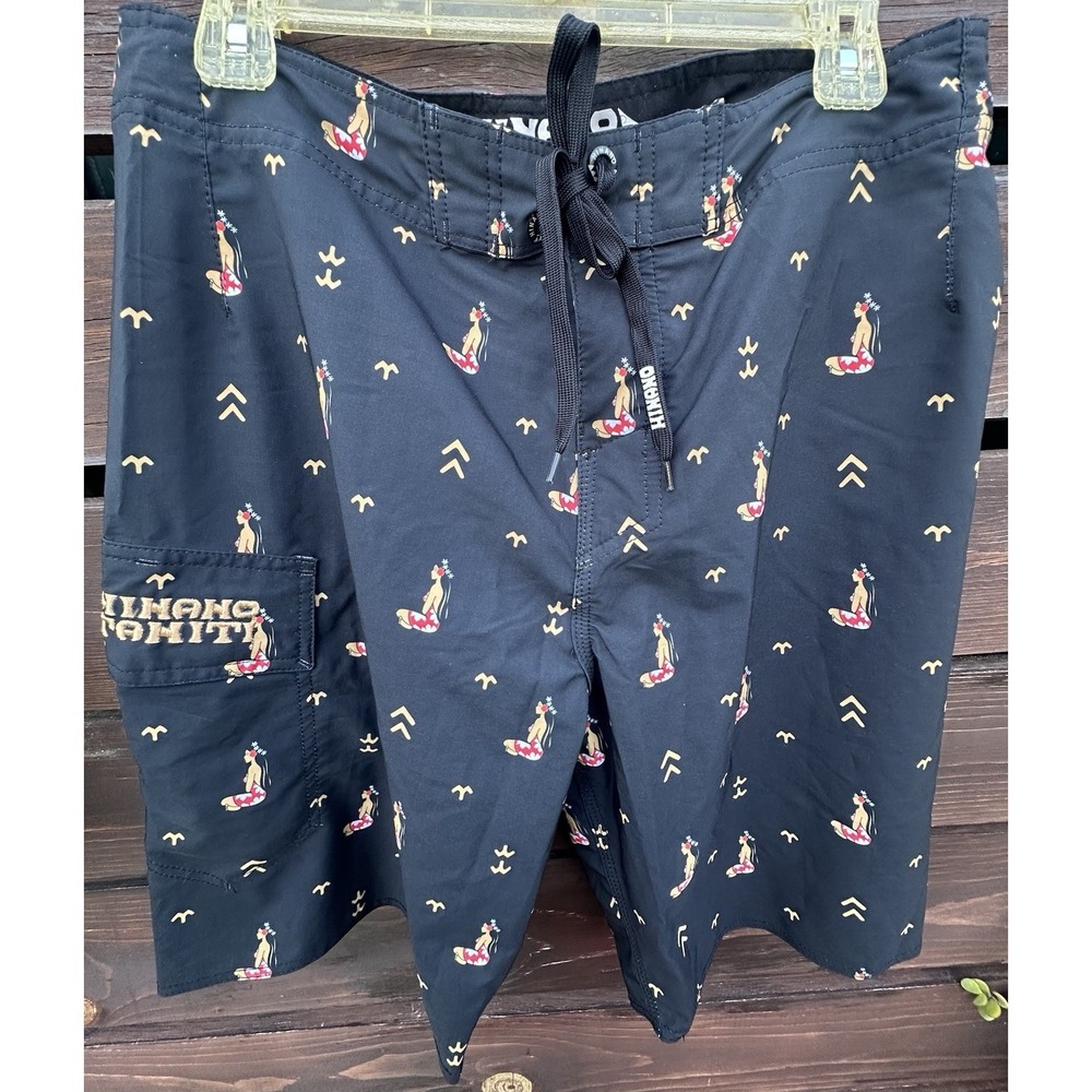 Hinano Tahiti Board Shorts Hula Girl Black and Red Mens Size 32